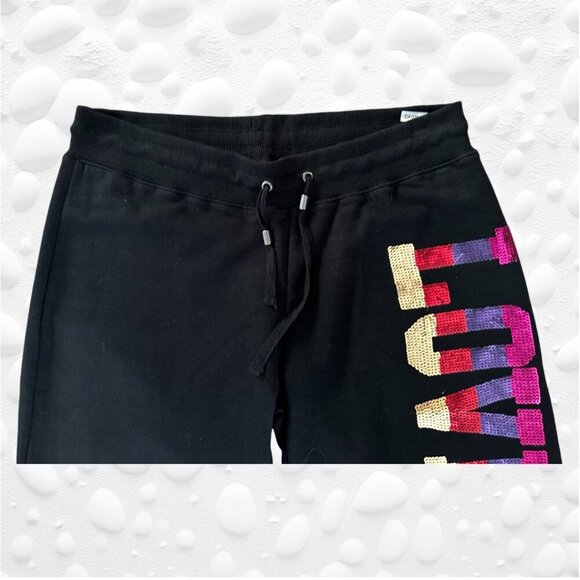 VINTAGE BCCG MaxAzria Black Lounge 3/4 length Sequin LOVE BCBG Logo Sweats - 30" - Picture 5 of 7